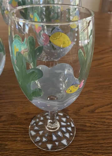 Vintage Hand Painted 8 Glasses Pitcher Tropical Ocean Fish Goblets Barware - Picture 8 of 17