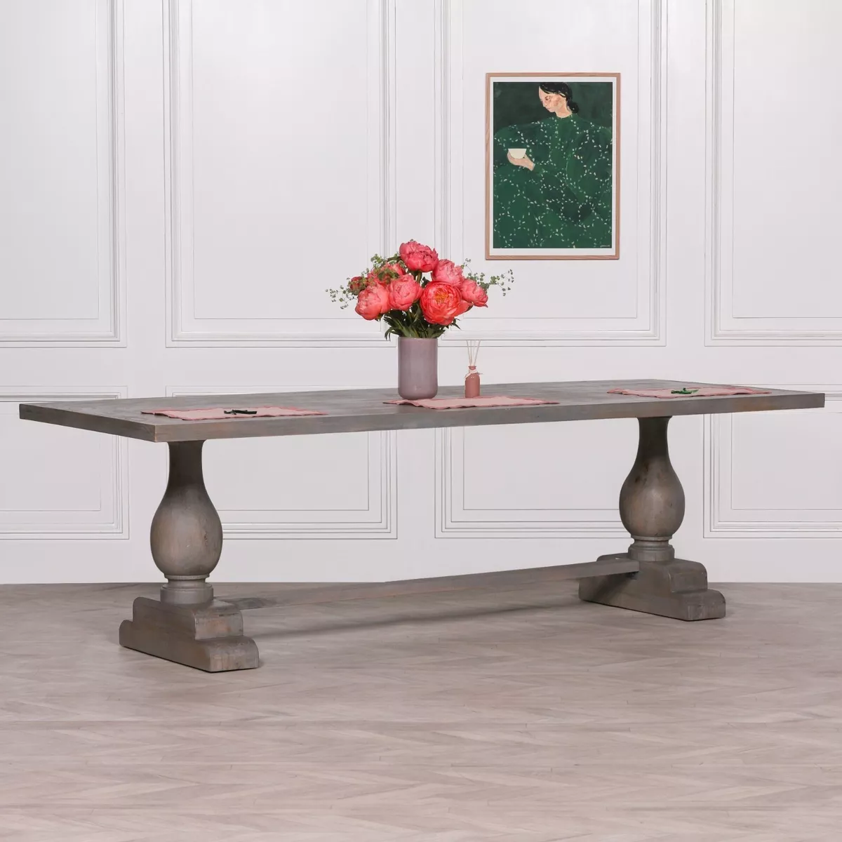 French Style Pedestal Rectangular Rustic Dark Wooden Large 260cm Dining Table