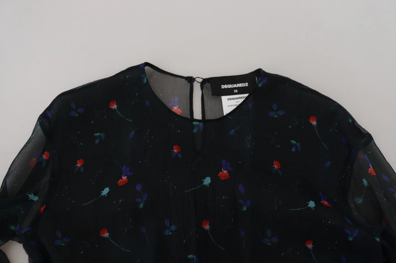 Abito DSQUARED2 nero floreale seta guaina maniche lunghe mini IT38 US4 XS 940usd