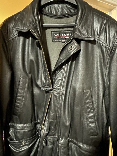 Vintage Wilsons Mens leather coat black, zip-out Thinsulate lining, hood, LARGE - Picture 3 of 9