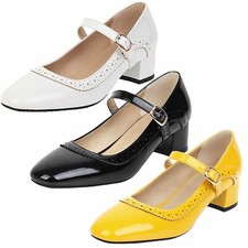 Damen Mary Jane Blockabsatz Pumps Lack mit Riemchen & Schleife Rockabilly Schuhe