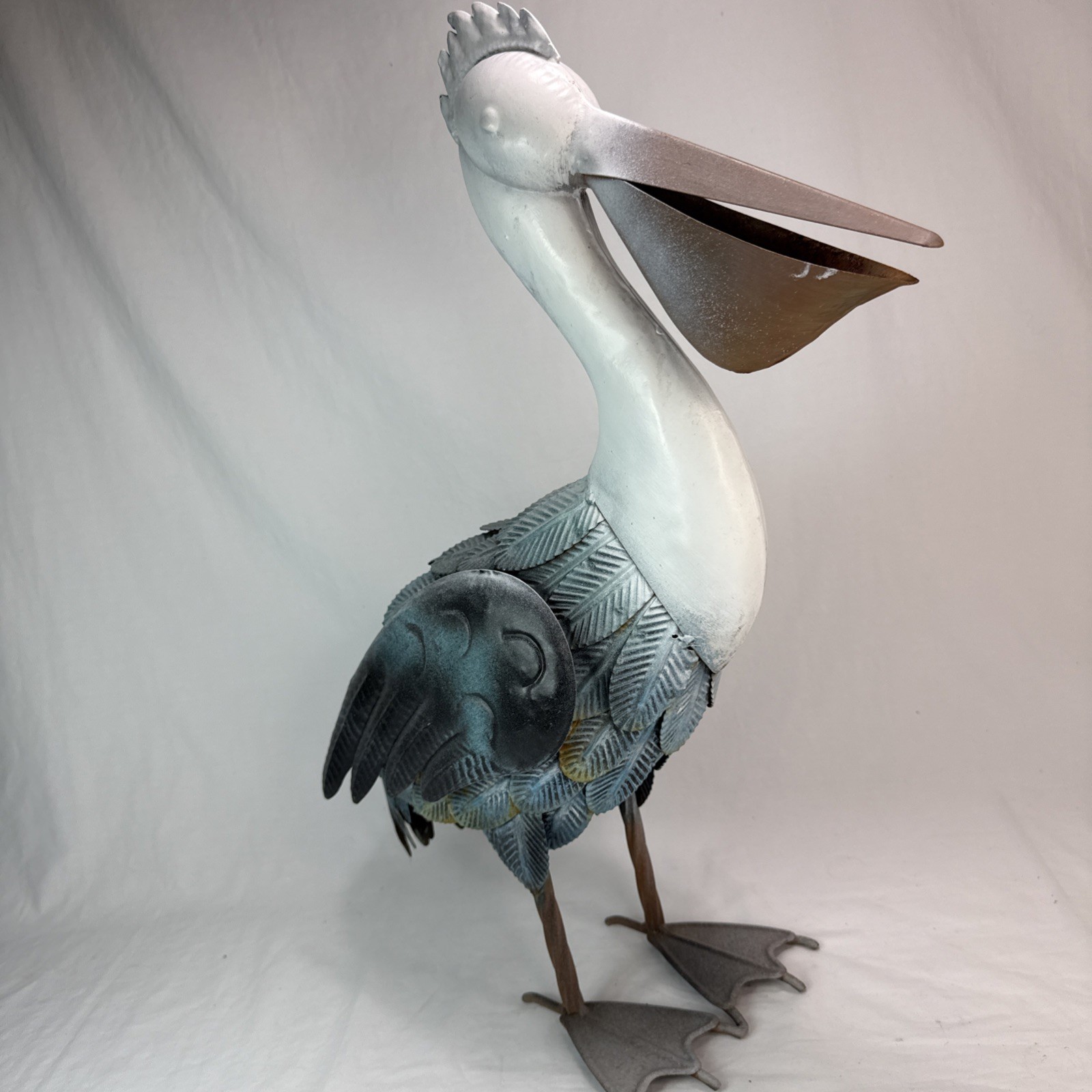 Metal Pelican Statue Yard Art Decor Blue White Unique Sea Bird Art Beach Ocean