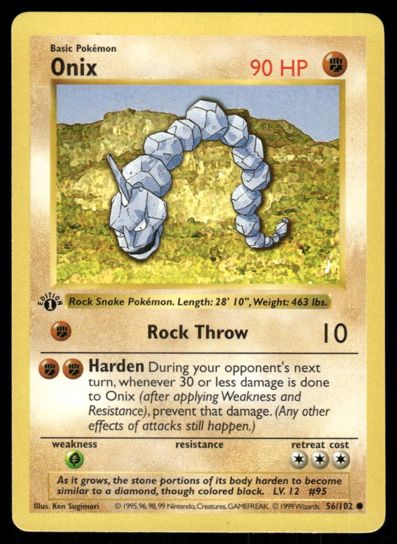 Pokemon Cards Onix 56/102 1st Edition Base Set Shadowless Common NM *4