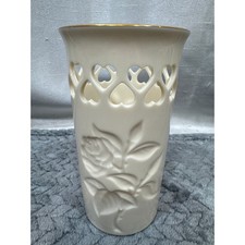 Lenox Ivory China Rose Embossed Pierced Heart Vase 24k Gold Trim Made in USA