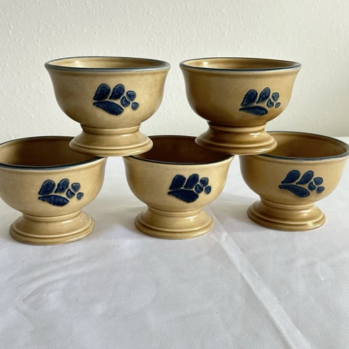 VTG Pfaltzgraff Folk Art Pedestal Bowls Set of 5 Tan Blue Stoneware USA