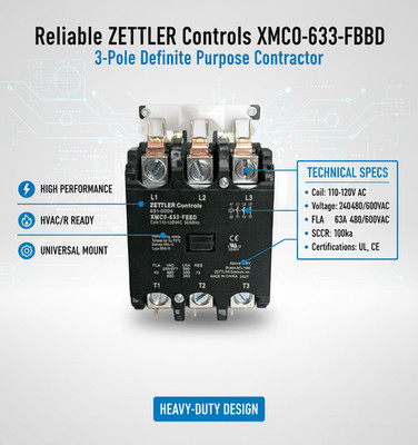 ZETTLER Controls XMC0-633-FBBD 3-Pole, 63 FLA 75 RES, Definite Purpose Contactor