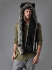 SpiritHoods Grey Wolf Faux Fur Spirit Hood Scarf Unisex