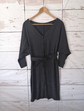 Womens Vintage Shirt Dress Size 12 Black White Long Sleeve Belted Buttons V-Neck