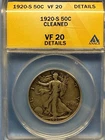 1920-S 50C Walking Liberty Half Dollar ANACS VF 20 details cleaned