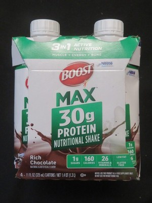 (4) Cartons Nestle Boost Max 30g Protein Nutritional Shake 11 Oz Rich Chocolate