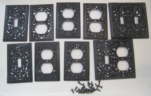 Lot of 9 Vtg Outlet Switch Covers Ornate Filigree Metal Black USED Single Double