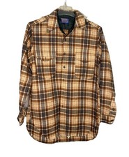 Vintage Pendleton Virgin Wool Plaid Flannel Button Shirt Tan Brown 80s USA 15.5
