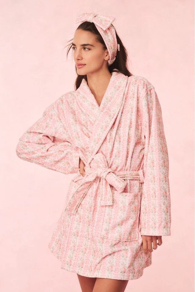 Loveshackfancy Indie Cotton Bath Robe Heavy Women Small Strawberry Macaron - Image 2 of 4