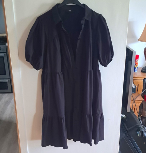 George Black Shirt Dress Collared Puff Sleeve Button Front Knee Length Size 18