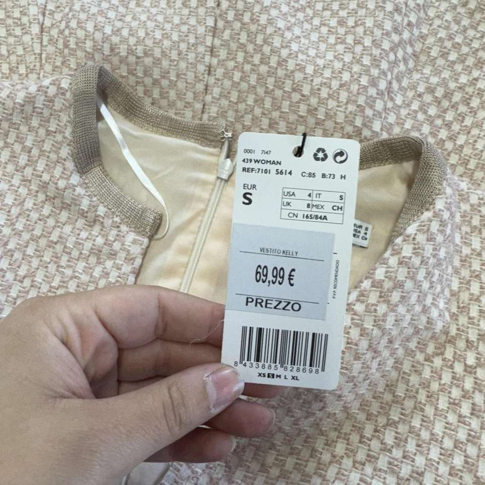 Mango 西装连衣裙女式小号 US 4 米色粉色粗花呢 A 字 3/4 袖有衬里 — 第 4/4 张图片