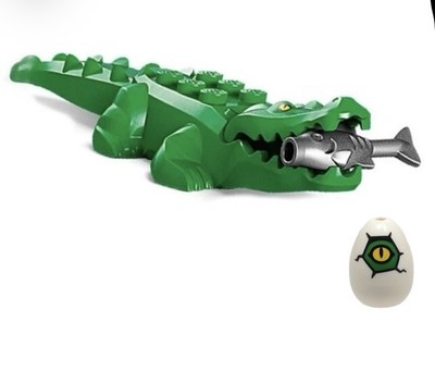Lego Green Crocodile With Flat Silver Fish And Egg With Eye And Cracks Pattern