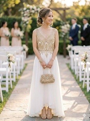 F.I.E.S.T.A Fashion -Elegant White and Gold Dress Medium