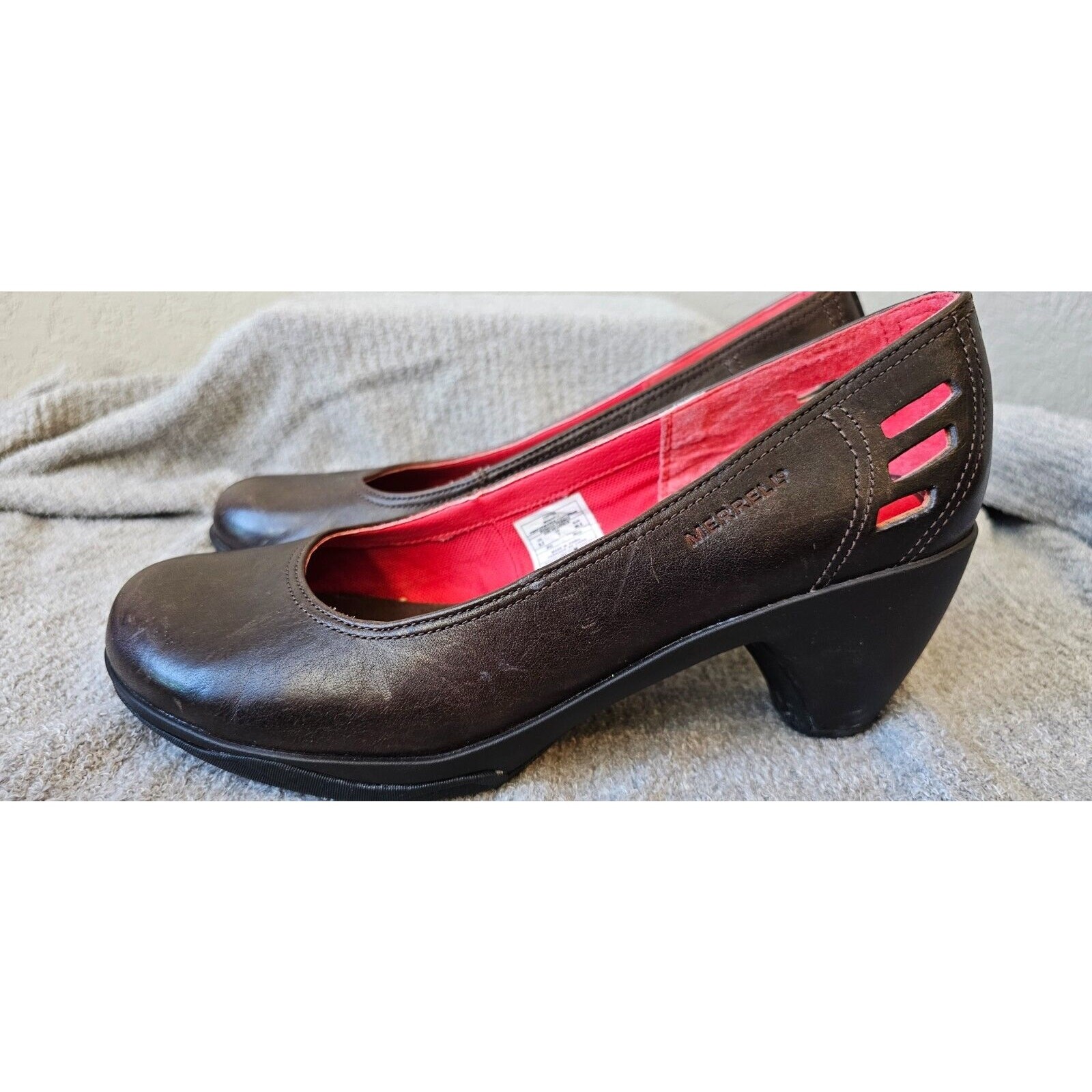 Merrell scarpe donna pelle tacco a pompa J56124 marrone caffè taglia 9 5 ritaglio tondo