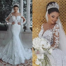 Luxury Mermaid Wedding Dresses Long Sleeves V-neck Lace Appliques Bridal Gowns