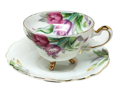 Ucagco China Japan Tulips Small Three-Legged Tea Cup and Saucer Floral Gold Trim