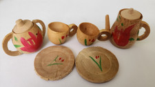 Vintage Handmade Wooden Dollhouse Tea Set Primitive Hand Painted Miniature