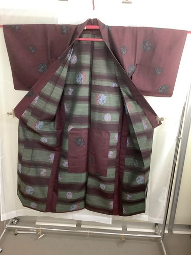 Japanischer Vintage Kimono Seidenstoff weinrot Oshima teure Blume 151 cm - Bild 6 von 12