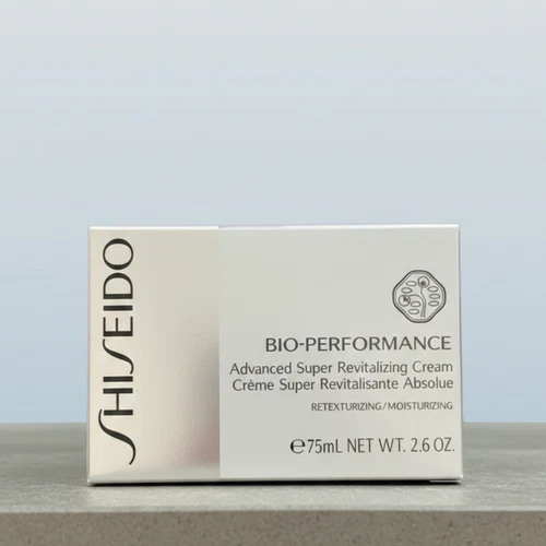 White rectangular box of Shiseido Bio Performance Advanced Super Revitalizing Cream 2.6 oz/75 ml with green cap.