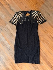 Vintage 80s Laurence Kazar Black Gold Cocktail Silk Sequin Beaded Midi Dress