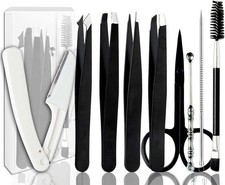 9 1 Pcs Stainless Steel Tweezers Set for Eyebrow, Facial Hair, Black