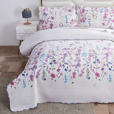Summer Lightweight Thin Floral Quilts Full/Queen Size,Purple Blue Lilac Flowers