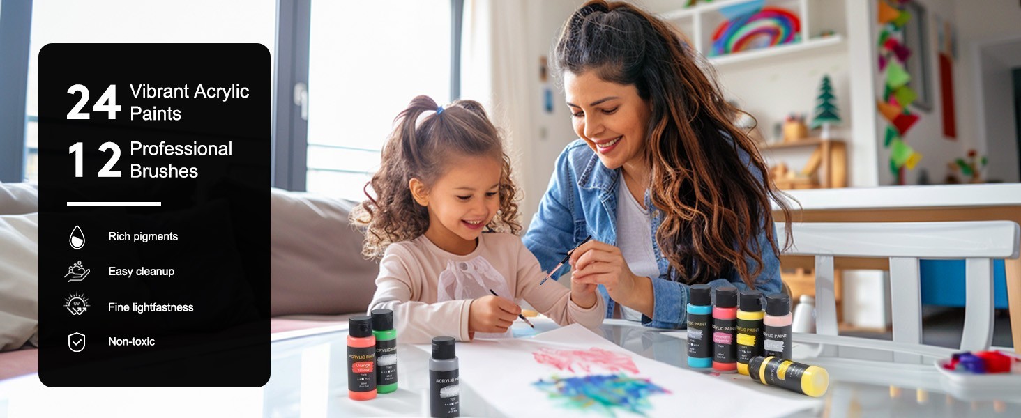 Acrylic Paint Set, 24 Colors (2 oz/Bottle) with 12 Art Brushes