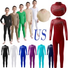 Kids Long Sleeve Jumpsuit Full Athletic Bodysuit Gymnastics Catsuit Dancewear