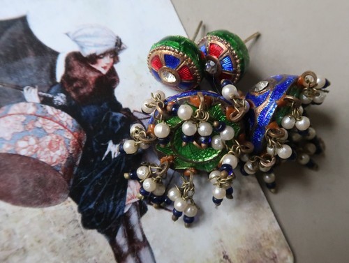 Vintage 3.5cm Long Indian Enameled Metal Post Dangle Earrings - Picture 3 of 5