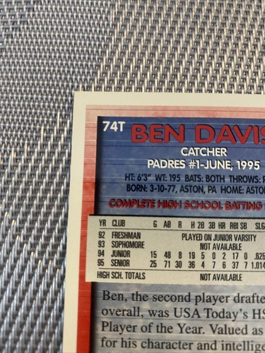 1995 TOPPS BEN DAVIS ROOKIE DRAFT PICK CARD # 74 MINT SAN DIEGO PADRES - Picture 8 of 11