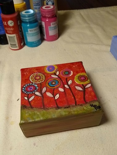 SMALL SQUARE PAINTING on Canvas ORIGINAL Abstract Flowers Pink Multi  OOAK ~NWT - Picture 3 of 7