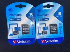 Lot Of 2 Verbatim 44082 16GB Premium microSDHC Memory Card with Adapter