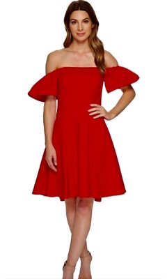 NWT Halston Heritage Off Shoulder Red 50's Vibe Fit & Flair Pin Up Dress $445