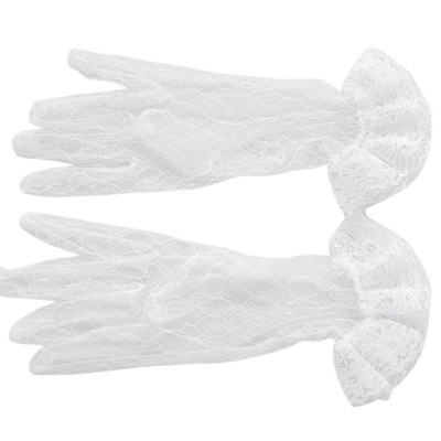 Women Girls Summer UV-Proof Gloves Rhombus Mesh Lace Ruffled Wedding Mittens