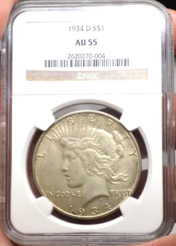 1934-D PEACE SILVER DOLLAR NGC AU 55 ~ BRIGHT WHITE ~ ONLY 1.6 MIL MINTED 👀
