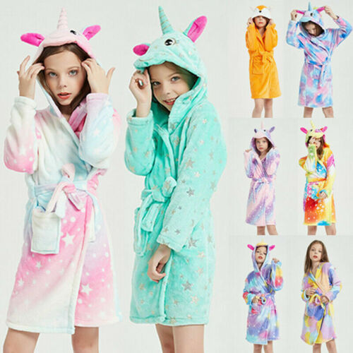 Kids Girls Boys Bath Robe Hooded Dressing Gown Flannel Fleece Night Lounge Wear - Picture 1 of 39