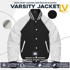 Varsity Letterman Jacket For Men Women  Kids Black Body White Raglan Sleeves