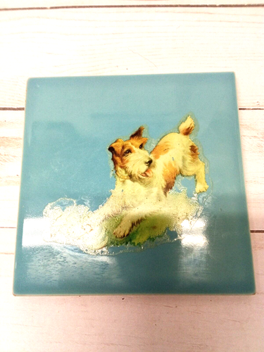 2 VTG Blue Signed Robertson Ceramic Tiles 4" Square with dog decals on theme - Picture 8 of 13