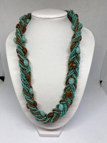 Vintage Braided Glass Seed Bead Choker Necklace Blue Gold Turquoise 17” 2” Ext - Picture 1 of 8