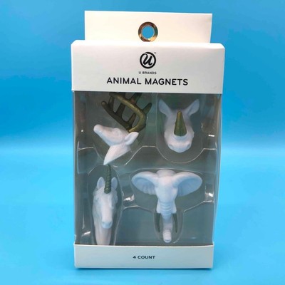 New Set of 4 U Brands Animal Magnets Unicorn Elephant Rhino Deer White & Gold