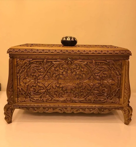 Walnut Wood Trunk Coffee Table, Hand Carved Hope Chest, Turkish Storage Box - Picture 8 of 17