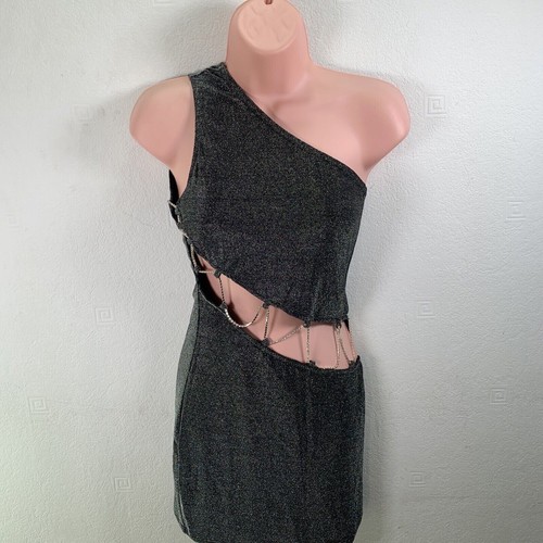 Simmi Diamante Cut Out Midi Dress, One Shoulder UK 10 Petite Glitter Gunmetal - Picture 2 of 19