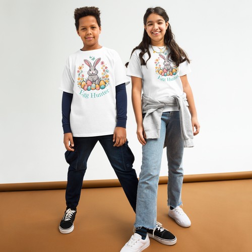 Egg Hunter Easter T-Shirt Youth Classic Eater Bunny Tee With Floral Rabbit Print - 第 12/17 張圖片