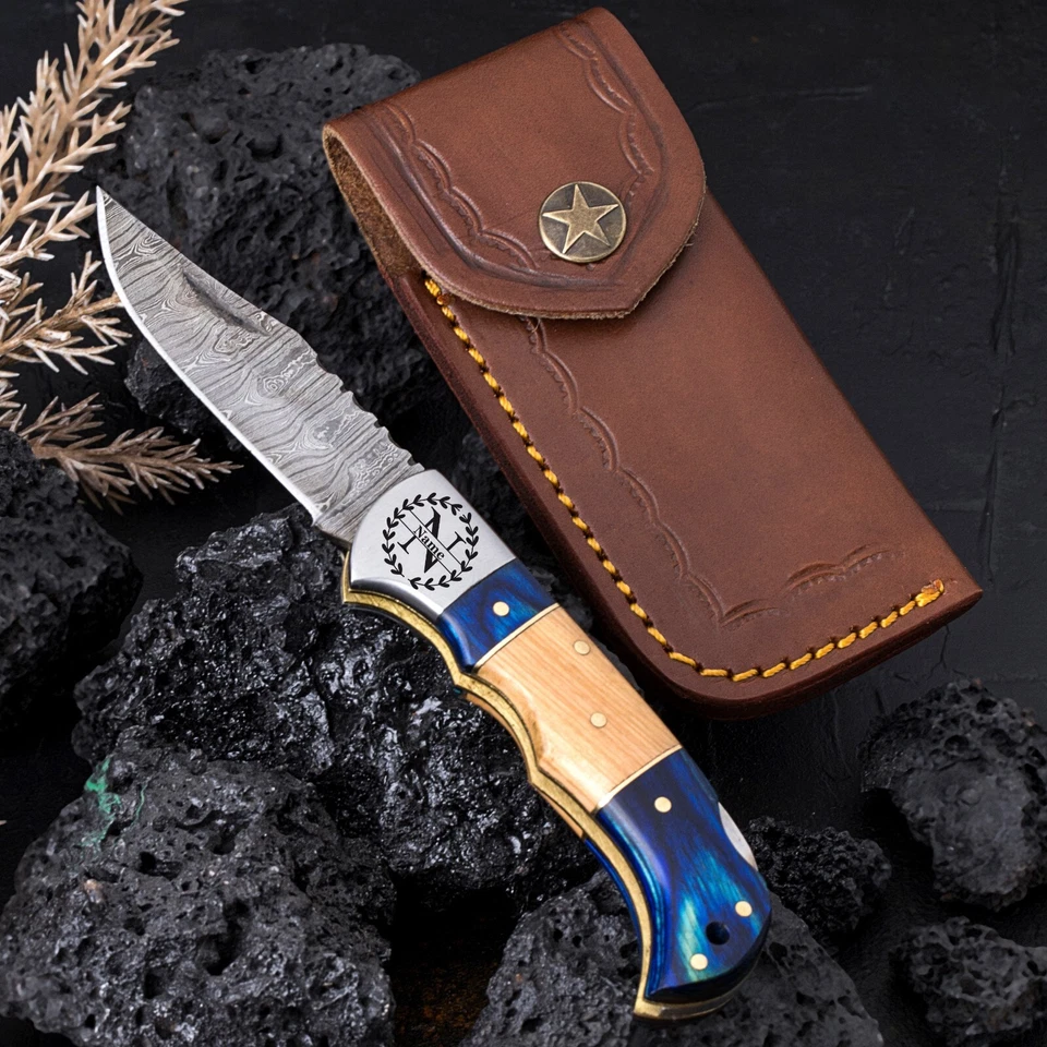 Cuchillo de bolsillo plegable con bloqueo trasero hecho a mano Damasco camping caza cuchillo bolsa Foto 3 de 3