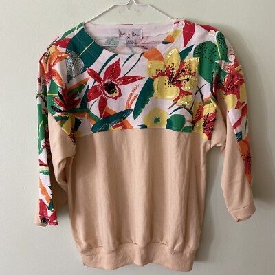 VTG NAOMI BEE WOMENS SWEATSHIRT FLORAL SEQUINS COLORBLOCK PULLOVER M HONG KONG
