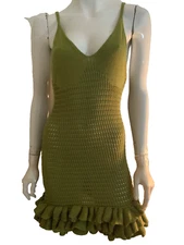 Musera dress summer knitted mini ruffleV neck dark green olive plus 0XL /14W/16W